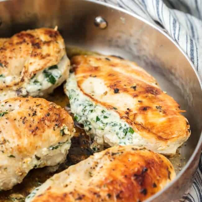 Spinach Stuffed Chicken Breast is a 3 INGREDIENT CHICKEN RECIPE that’s healthy (around 400 calories), made in under 30 minutes, and done in just ONE PAN!