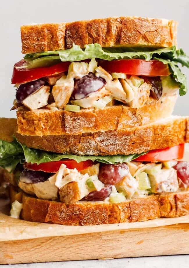up close image of panera napa almond chicken salad sandwiches