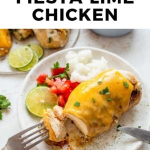 The best fiesta lime chicken on a plate with a fork.