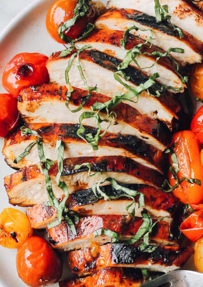 up close image of grilled balsamic chicken thinly sliced